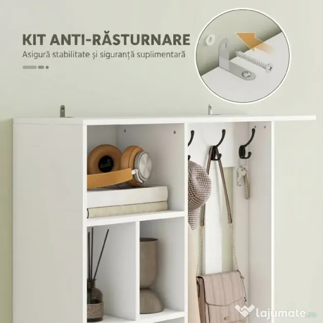 HOMCOM Cuier 180 cm cu Bancă pentru Pantofi, Soluție 4-în-1 cu Raft Reglabil, 4 Agățători și Compartimente Deschise, pentru Hol sau Living, Alb | Aosom Romania