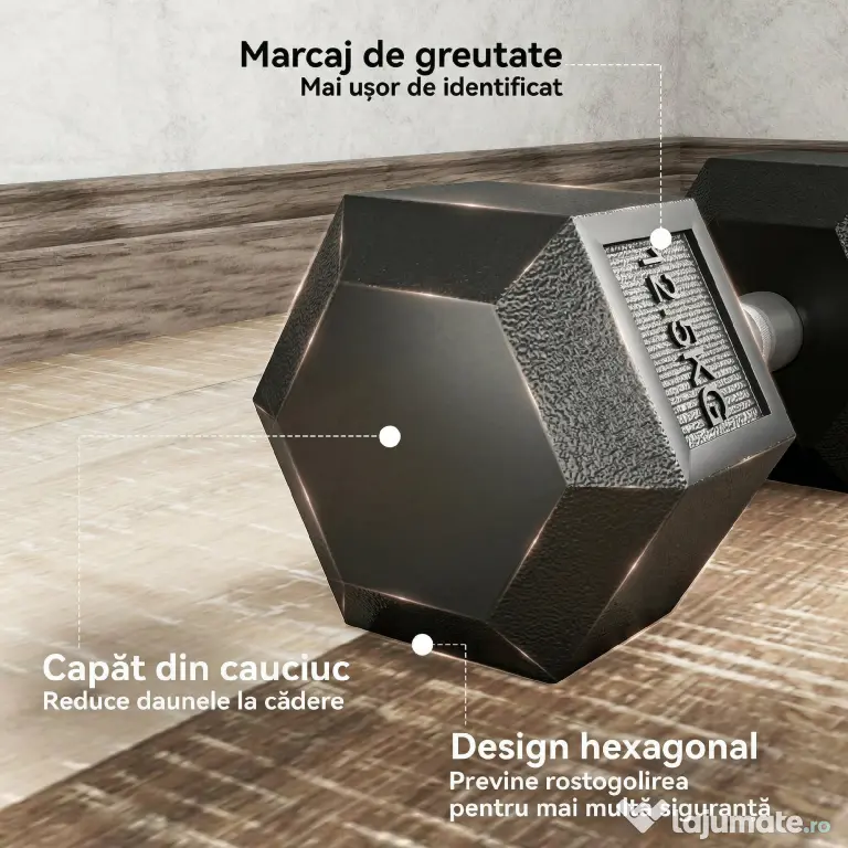 HOMCOM Gantere cu Mâner Zimțat, Fontă, 2 x 12,5 kg pentru Acasă, Sală, Antrenament Forță | Aosom Romania