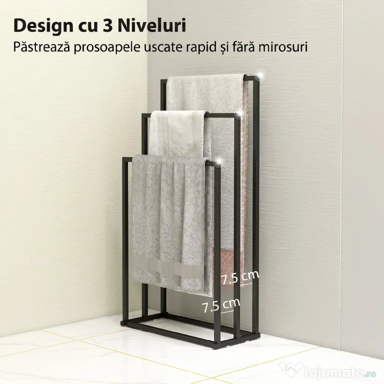 HOMCOM Suport pentru prosoape autoportant cu 3 brațe din oțel, 45x21.5x85 cm