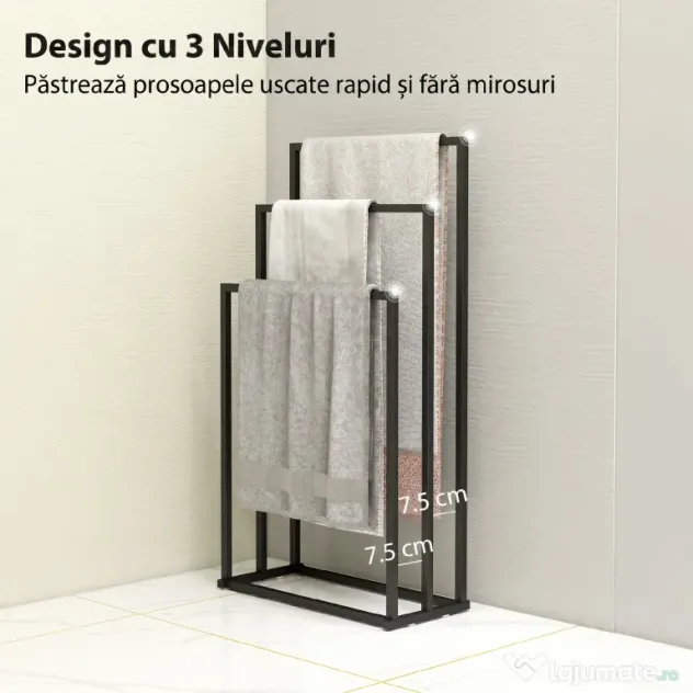 HOMCOM Suport pentru prosoape autoportant cu 3 brațe din oțel, 45x21.5x85 cm