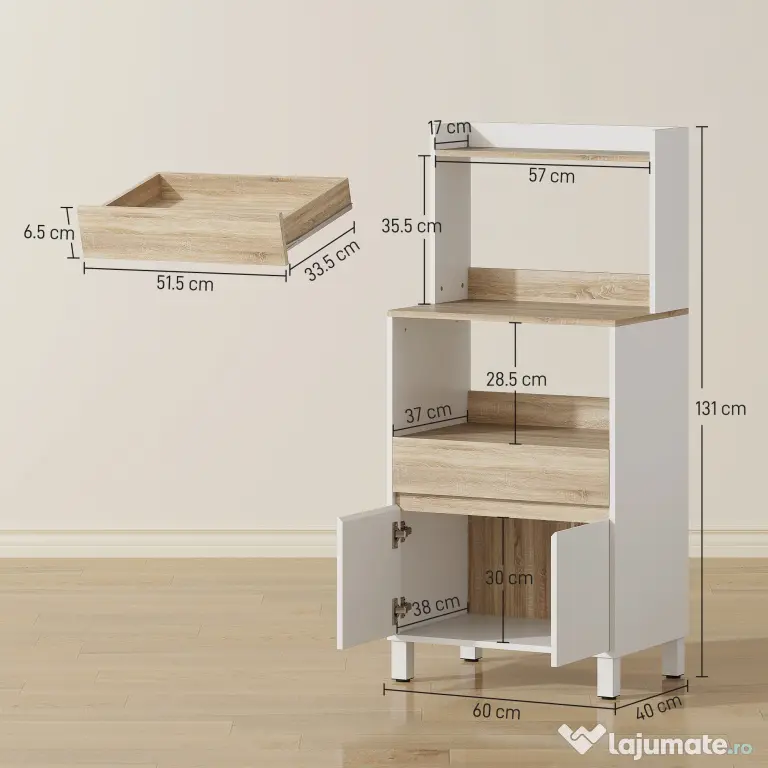 HOMCOM Dulap pentru Microunde din Lemn cu Raft, Blat Deschis, Sertar și Dulap, 60x40x131 cm, Alb | Aosom Romania