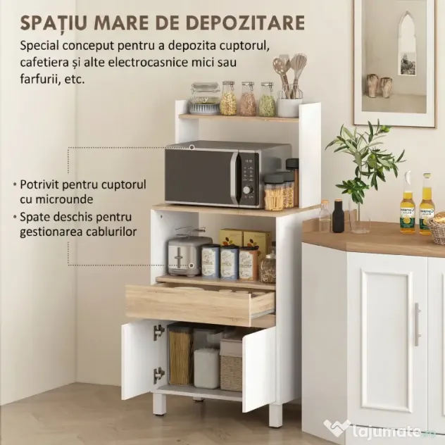 HOMCOM Dulap pentru Microunde din Lemn cu Raft, Blat Deschis, Sertar și Dulap, 60x40x131 cm, Alb | Aosom Romania