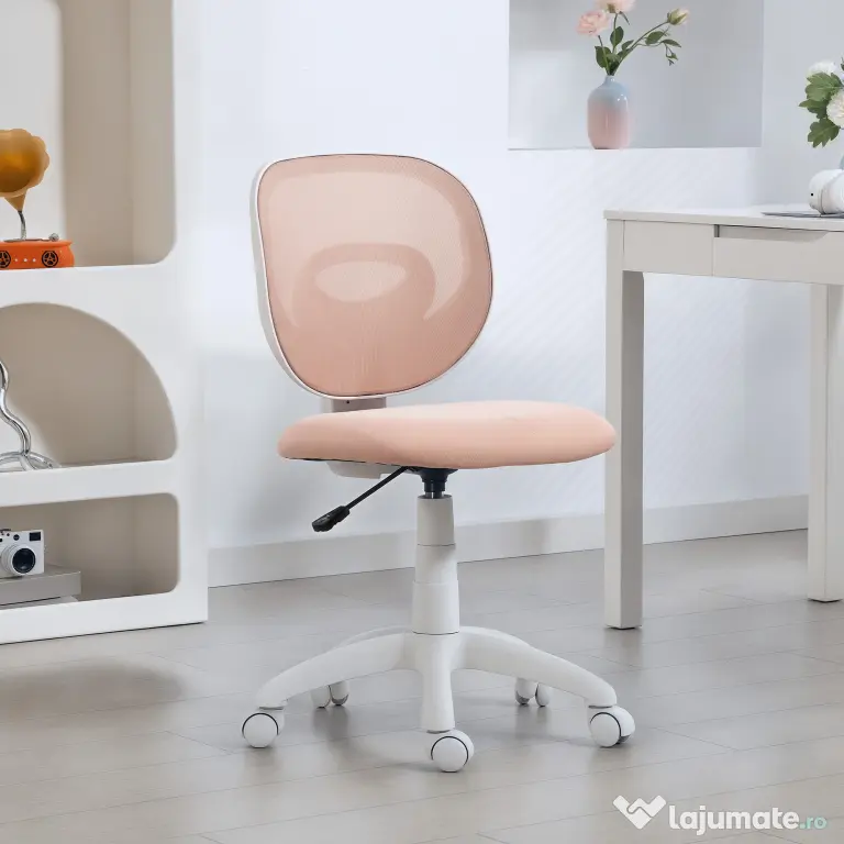HOMCOM Scaun de Birou Ergonomic Rotativ din Material Tip Plasă Respirabil Fără Brațe, Înălțime Reglabilă, Roz | Aosom Romania