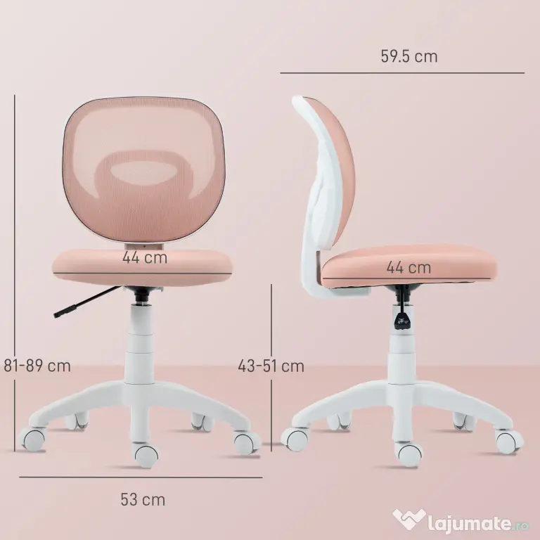 HOMCOM Scaun de Birou Ergonomic Rotativ din Material Tip Plasă Respirabil Fără Brațe, Înălțime Reglabilă, Roz | Aosom Romania