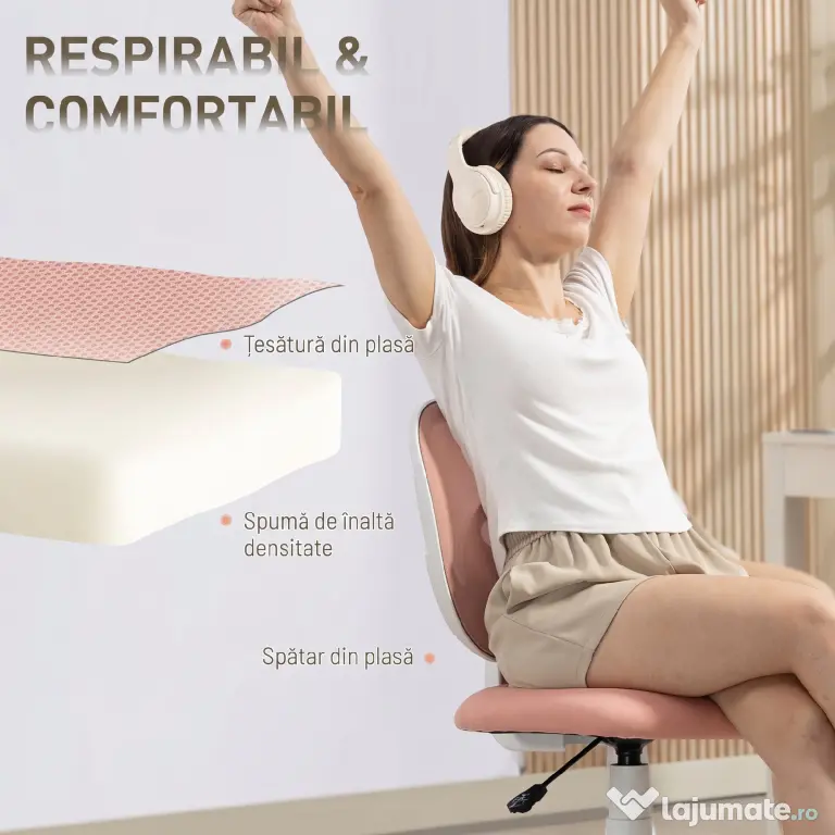 HOMCOM Scaun de Birou Ergonomic Rotativ din Material Tip Plasă Respirabil Fără Brațe, Înălțime Reglabilă, Roz | Aosom Romania