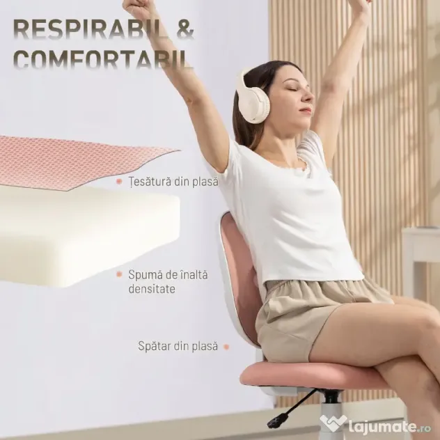 HOMCOM Scaun de Birou Ergonomic Rotativ din Material Tip Plasă Respirabil Fără Brațe, Înălțime Reglabilă, Roz | Aosom Romania