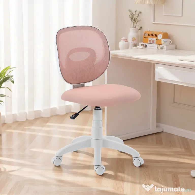 HOMCOM Scaun de Birou Ergonomic Rotativ din Material Tip Plasă Respirabil Fără Brațe, Înălțime Reglabilă, Roz | Aosom Romania