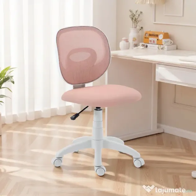 HOMCOM Scaun de Birou Ergonomic Rotativ din Material Tip Plasă Respirabil Fără Brațe, Înălțime Reglabilă, Roz | Aosom Romania
