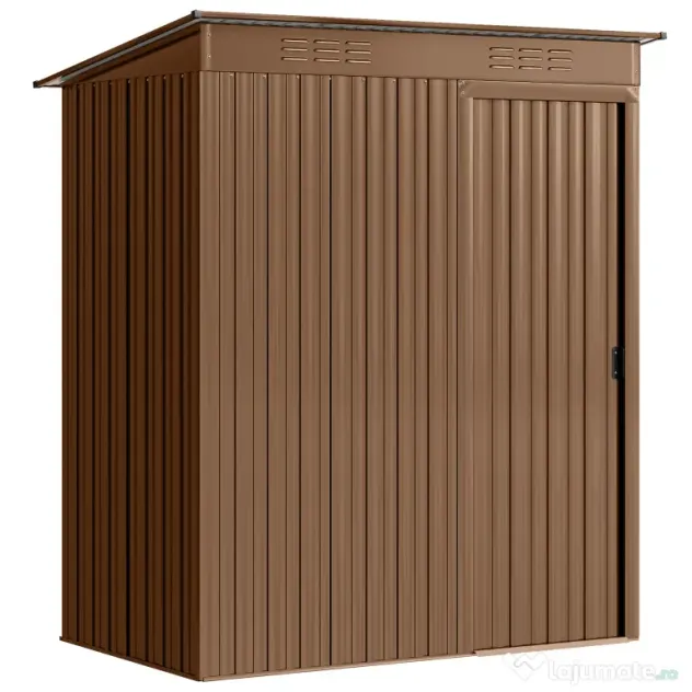 Outsunny Căsuță de Grădină 1.37m² din Metal, Montaj Ușor, Căsuță pentru Unelte de Grădină cu Orificii de Aerisire, Ușă Glisantă, Acoperiș Înclinat și Mănuși, 159x106x181 cm, Maro | Aosom Romania