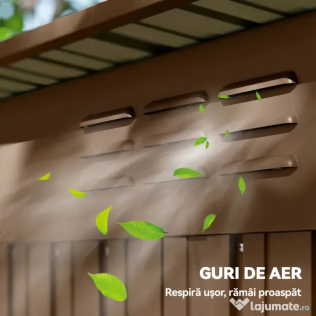 Outsunny Căsuță de Grădină 1.37m² din Metal, Montaj Ușor, Căsuță pentru Unelte de Grădină cu Orificii de Aerisire, Ușă Glisantă, Acoperiș Înclinat și Mănuși, 159x106x181 cm, Maro | Aosom Romania
