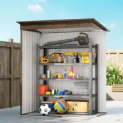 Outsunny Căsuță de Grădină 1.37m² din Metal, Montaj Ușor, Căsuță pentru Unelte de Grădină cu Orificii de Aerisire, Ușă Glisantă, Acoperiș Înclinat și Mănuși, 159x106x181 cm, Maro | Aosom Romania