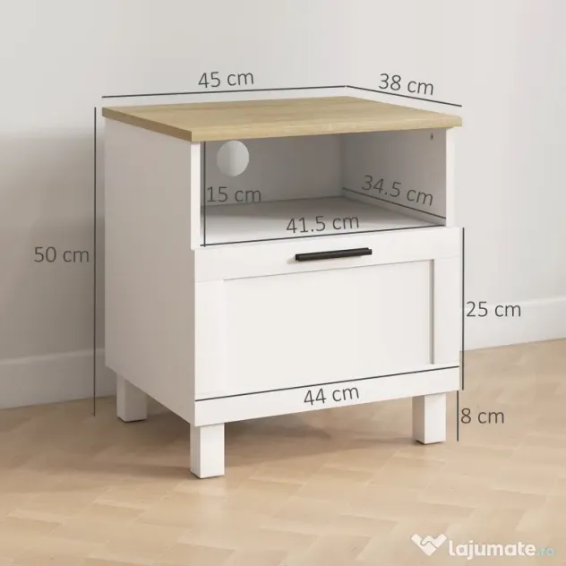 HOMCOM Noptieră Dormitor cu Sertar și Raft Deschis, Noptieră Modernă Compactă cu Picioare din Lemn de Pin, 45x38x50 cm, Alb | Aosom Romania