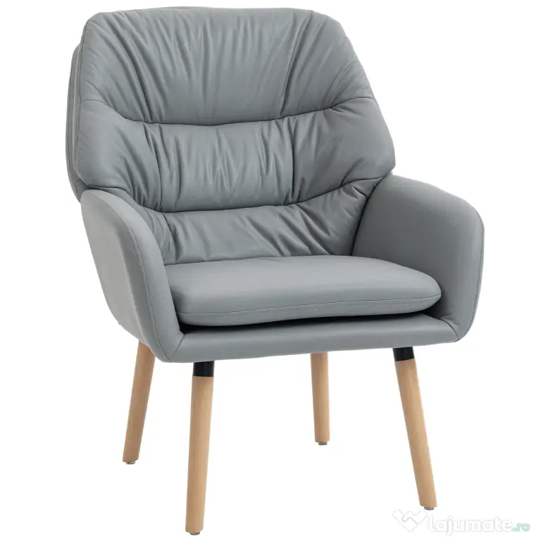 Scaun Decorativ Modern HOMCOM, Fotoliu Tapitat cu Leathaire cu Dublu Strat de Umplutură, Cadru de Oțel și Picioare de Lemn de Cauciuc pentru Sufragerie, Dormitor, Gri | Aosom Romania