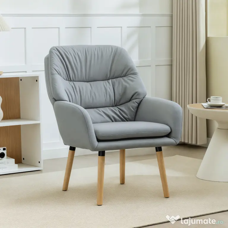 Scaun Decorativ Modern HOMCOM, Fotoliu Tapitat cu Leathaire cu Dublu Strat de Umplutură, Cadru de Oțel și Picioare de Lemn de Cauciuc pentru Sufragerie, Dormitor, Gri | Aosom Romania