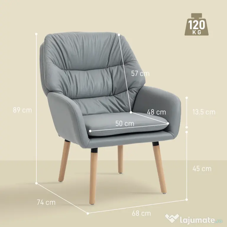 Scaun Decorativ Modern HOMCOM, Fotoliu Tapitat cu Leathaire cu Dublu Strat de Umplutură, Cadru de Oțel și Picioare de Lemn de Cauciuc pentru Sufragerie, Dormitor, Gri | Aosom Romania