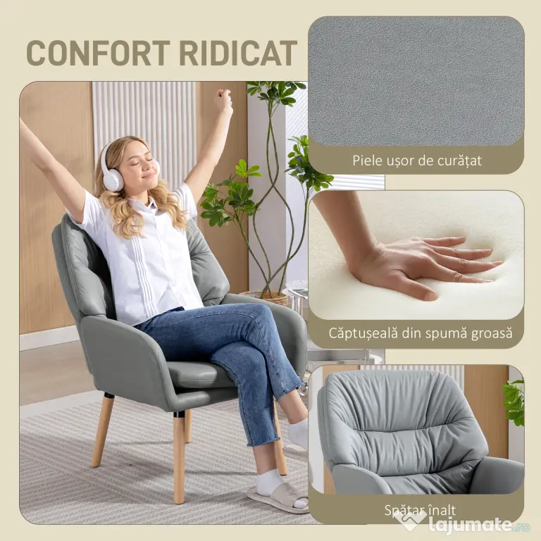 Scaun Decorativ Modern HOMCOM, Fotoliu Tapitat cu Leathaire cu Dublu Strat de Umplutură, Cadru de Oțel și Picioare de Lemn de Cauciuc pentru Sufragerie, Dormitor, Gri | Aosom Romania