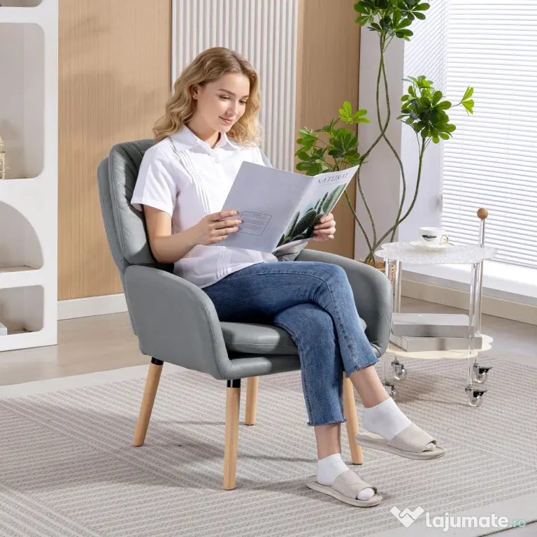 Scaun Decorativ Modern HOMCOM, Fotoliu Tapitat cu Leathaire cu Dublu Strat de Umplutură, Cadru de Oțel și Picioare de Lemn de Cauciuc pentru Sufragerie, Dormitor, Gri | Aosom Romania