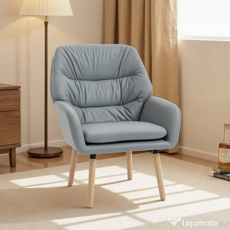 Scaun Decorativ Modern HOMCOM, Fotoliu Tapitat cu Leathaire cu Dublu Strat de Umplutură, Cadru de Oțel și Picioare de Lemn de Cauciuc pentru Sufragerie, Dormitor, Gri | Aosom Romania