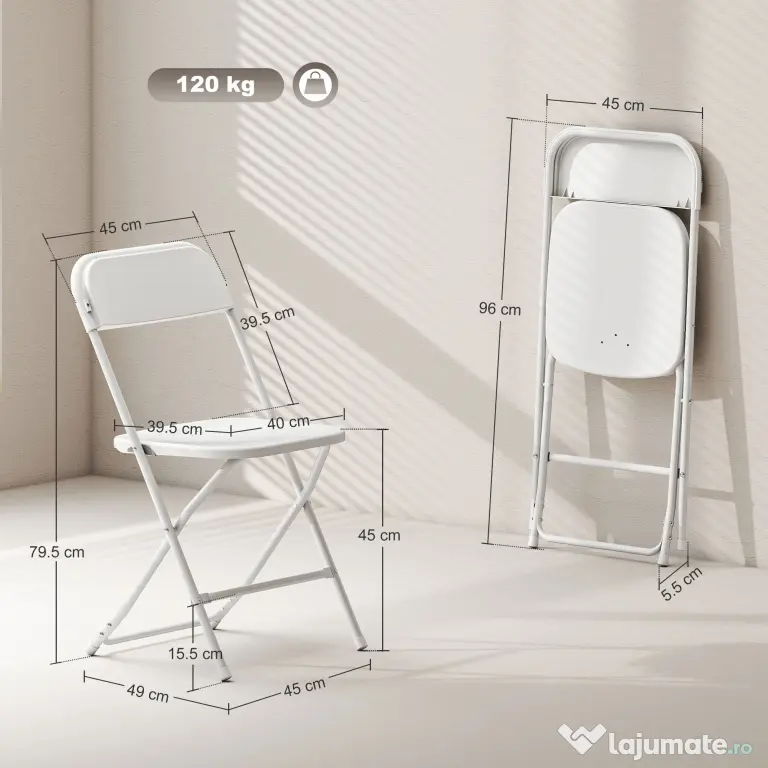 HOMCOM Set de 4 Scaune Pliabile cu Găuri de Drenaj din Plastic și Metal, 45x49x79.5 cm, Alb | Aosom Romania