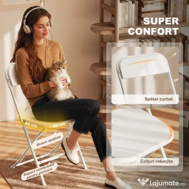 HOMCOM Set de 4 Scaune Pliabile cu Găuri de Drenaj din Plastic și Metal, 45x49x79.5 cm, Alb | Aosom Romania