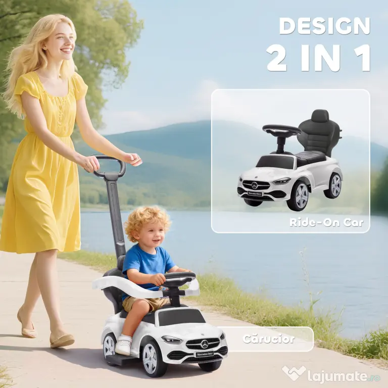 AIYAPLAY Mașină de Călărit pentru Copii 1-3 Ani Convertibilă în Cărucior cu Licență Mercedes, 91x40x83 cm, Alb | Aosom Romania