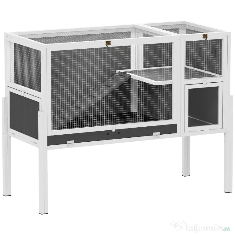 PawHut Cușcă pentru Iepuri de Interior Convertibilă, Căsuță Ridicată din Lemn cu Tavă Detașabilă și Acoperiș Rabatabil, pentru Hamsteri Sirieni, Gerbili și Porcușori de Guineea, Gri | Aosom Romania