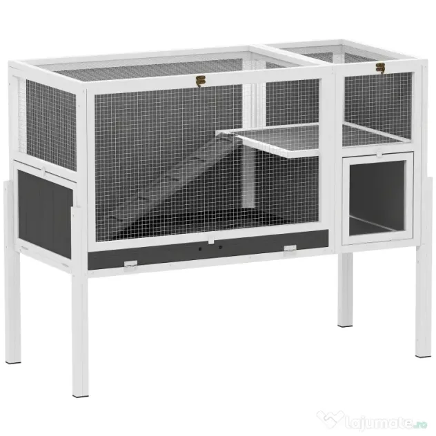 PawHut Cușcă pentru Iepuri de Interior Convertibilă, Căsuță Ridicată din Lemn cu Tavă Detașabilă și Acoperiș Rabatabil, pentru Hamsteri Sirieni, Gerbili și Porcușori de Guineea, Gri | Aosom Romania