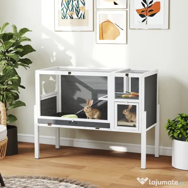 PawHut Cușcă pentru Iepuri de Interior Convertibilă, Căsuță Ridicată din Lemn cu Tavă Detașabilă și Acoperiș Rabatabil, pentru Hamsteri Sirieni, Gerbili și Porcușori de Guineea, Gri | Aosom Romania
