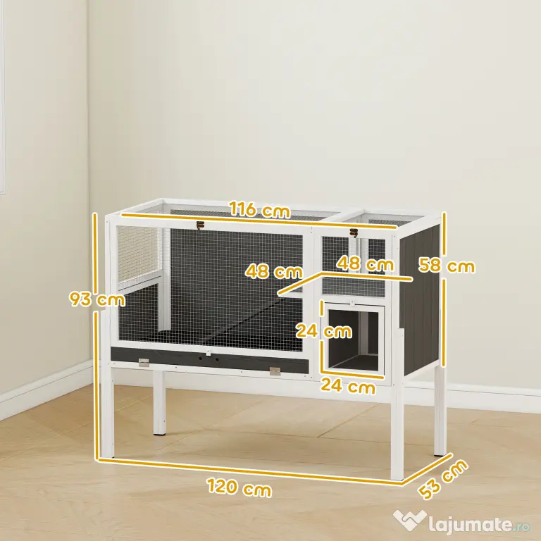 PawHut Cușcă pentru Iepuri de Interior Convertibilă, Căsuță Ridicată din Lemn cu Tavă Detașabilă și Acoperiș Rabatabil, pentru Hamsteri Sirieni, Gerbili și Porcușori de Guineea, Gri | Aosom Romania