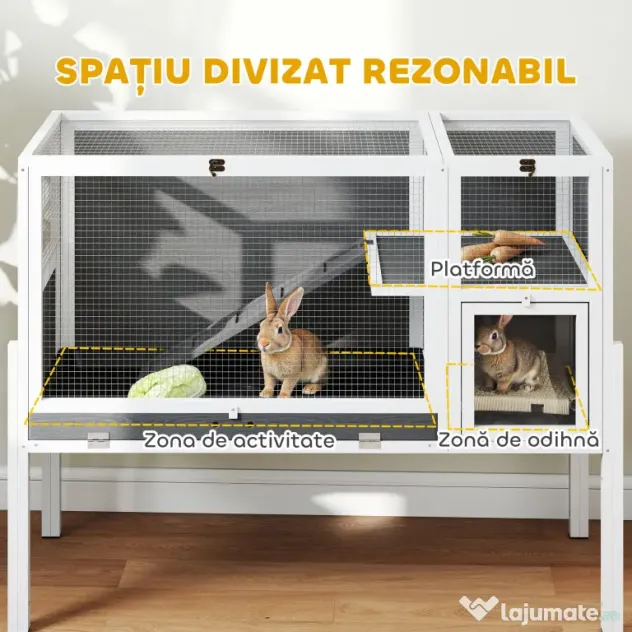 PawHut Cușcă pentru Iepuri de Interior Convertibilă, Căsuță Ridicată din Lemn cu Tavă Detașabilă și Acoperiș Rabatabil, pentru Hamsteri Sirieni, Gerbili și Porcușori de Guineea, Gri | Aosom Romania