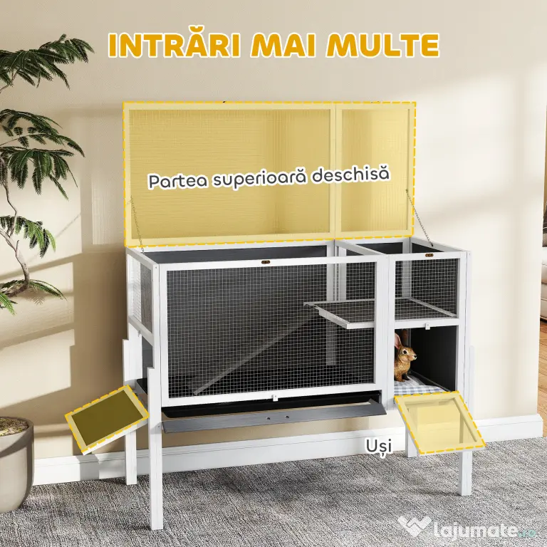 PawHut Cușcă pentru Iepuri de Interior Convertibilă, Căsuță Ridicată din Lemn cu Tavă Detașabilă și Acoperiș Rabatabil, pentru Hamsteri Sirieni, Gerbili și Porcușori de Guineea, Gri | Aosom Romania