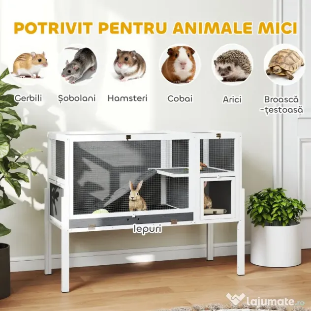 PawHut Cușcă pentru Iepuri de Interior Convertibilă, Căsuță Ridicată din Lemn cu Tavă Detașabilă și Acoperiș Rabatabil, pentru Hamsteri Sirieni, Gerbili și Porcușori de Guineea, Gri | Aosom Romania