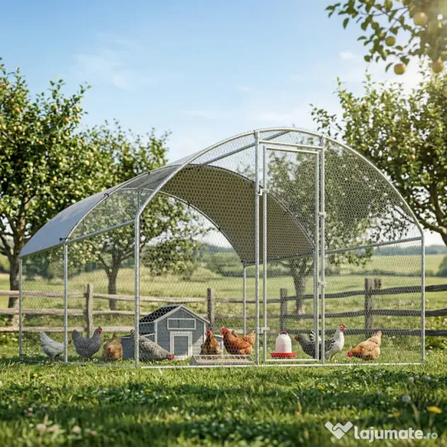 PawHut Țarc pentru Găini de Exterior, 2.8x3.4x1.9m, 9.5㎡ Țarc Metalic din Oțel Galvanizat cu Acoperiș Impermeabil Anti-UV și Încuietoare, Coteț pentru 10-16 Găini, Iepuri și Rațe | Aosom Romania
