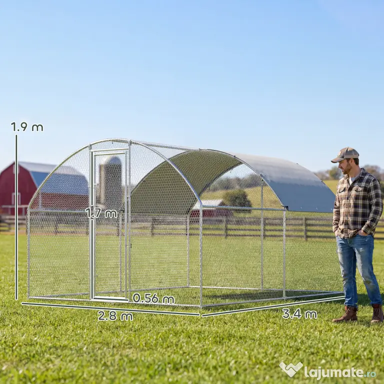 PawHut Țarc pentru Găini de Exterior, 2.8x3.4x1.9m, 9.5㎡ Țarc Metalic din Oțel Galvanizat cu Acoperiș Impermeabil Anti-UV și Încuietoare, Coteț pentru 10-16 Găini, Iepuri și Rațe | Aosom Romania