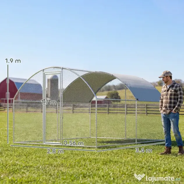 PawHut Țarc pentru Găini de Exterior, 2.8x3.4x1.9m, 9.5㎡ Țarc Metalic din Oțel Galvanizat cu Acoperiș Impermeabil Anti-UV și Încuietoare, Coteț pentru 10-16 Găini, Iepuri și Rațe | Aosom Romania