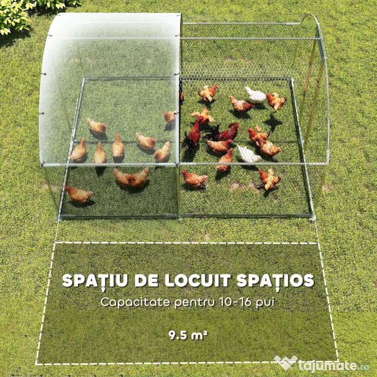 PawHut Țarc pentru Găini de Exterior, 2.8x3.4x1.9m, 9.5㎡ Țarc Metalic din Oțel Galvanizat cu Acoperiș Impermeabil Anti-UV și Încuietoare, Coteț pentru 10-16 Găini, Iepuri și Rațe | Aosom Romania