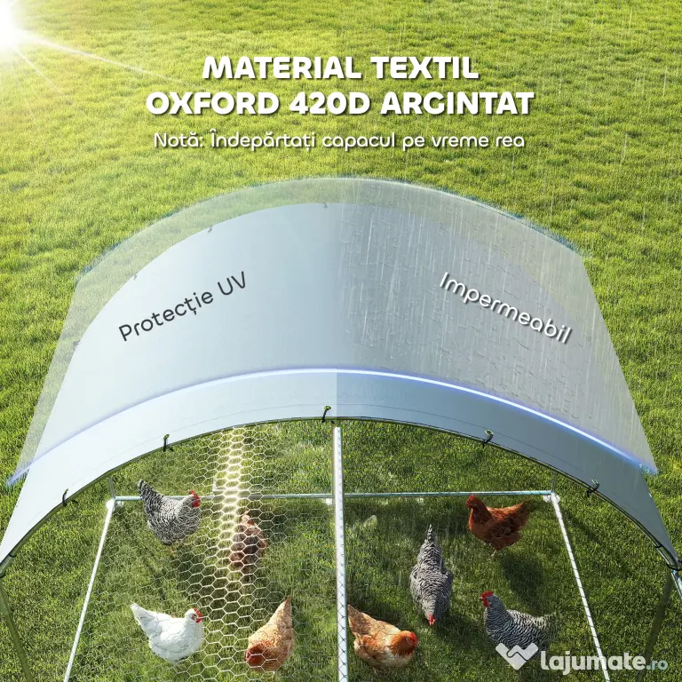 PawHut Țarc pentru Găini de Exterior, 2.8x3.4x1.9m, 9.5㎡ Țarc Metalic din Oțel Galvanizat cu Acoperiș Impermeabil Anti-UV și Încuietoare, Coteț pentru 10-16 Găini, Iepuri și Rațe | Aosom Romania