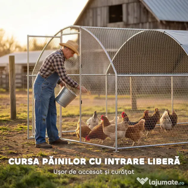PawHut Țarc pentru Găini de Exterior, 2.8x3.4x1.9m, 9.5㎡ Țarc Metalic din Oțel Galvanizat cu Acoperiș Impermeabil Anti-UV și Încuietoare, Coteț pentru 10-16 Găini, Iepuri și Rațe | Aosom Romania