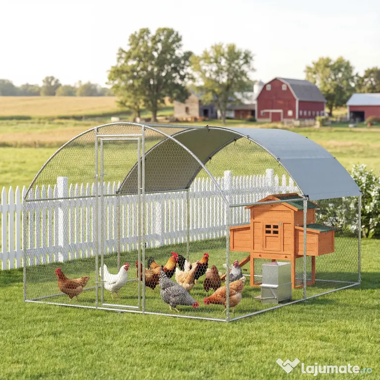 PawHut Țarc pentru Găini de Exterior, 2.8x3.4x1.9m, 9.5㎡ Țarc Metalic din Oțel Galvanizat cu Acoperiș Impermeabil Anti-UV și Încuietoare, Coteț pentru 10-16 Găini, Iepuri și Rațe | Aosom Romania
