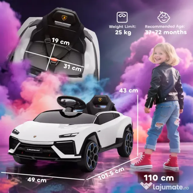 AIYAPLAY Mașină Electrică pentru Copii Licență Lamborghini cu Claxon și Telecomandă, 101.5x49x43 cm, Albă | Aosom Romania