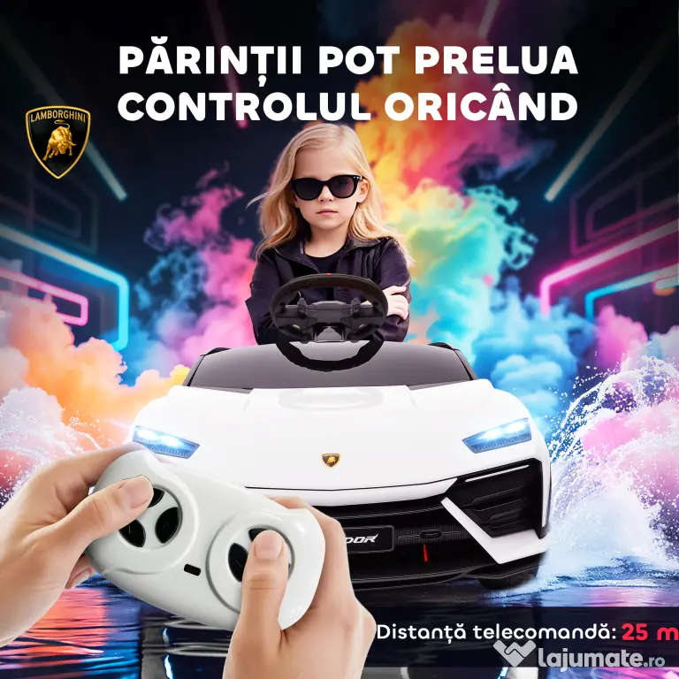 AIYAPLAY Mașină Electrică pentru Copii Licență Lamborghini cu Claxon și Telecomandă, 101.5x49x43 cm, Albă | Aosom Romania