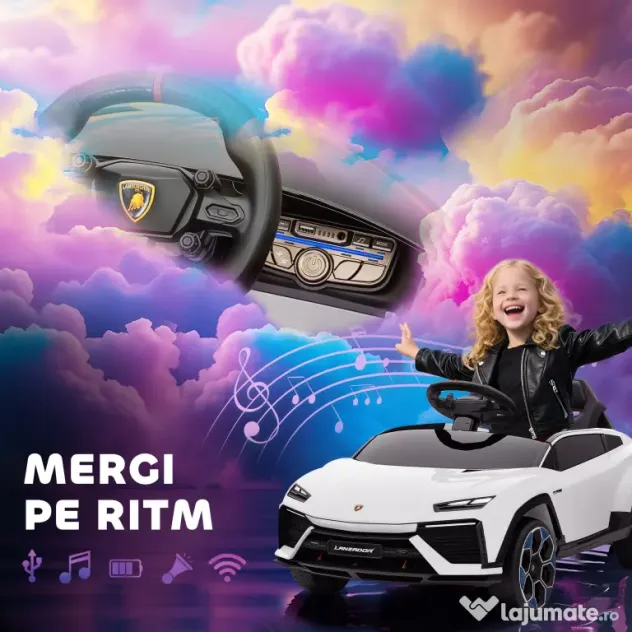 AIYAPLAY Mașină Electrică pentru Copii Licență Lamborghini cu Claxon și Telecomandă, 101.5x49x43 cm, Albă | Aosom Romania