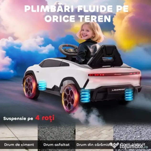AIYAPLAY Mașină Electrică pentru Copii Licență Lamborghini cu Claxon și Telecomandă, 101.5x49x43 cm, Albă | Aosom Romania