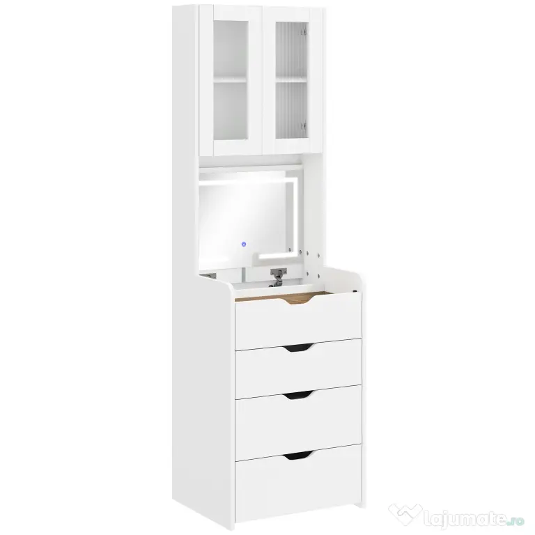 HOMCOM Stație de Machiaj cu Lumini LED în 3 Culori, Oglindă Rabatabilă, Scaun Ascuns, Măsuță de Machiaj cu Scaun Îmbunătățit, 3 Sertare, Compartiment, Dulap cu Uși din Sticlă, Modern, Alb | Aosom Romania