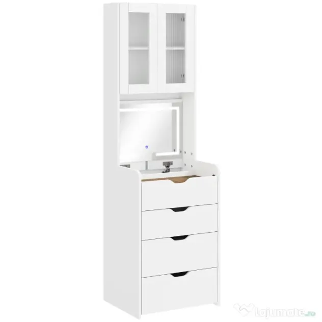 HOMCOM Stație de Machiaj cu Lumini LED în 3 Culori, Oglindă Rabatabilă, Scaun Ascuns, Măsuță de Machiaj cu Scaun Îmbunătățit, 3 Sertare, Compartiment, Dulap cu Uși din Sticlă, Modern, Alb | Aosom Romania