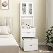 HOMCOM Stație de Machiaj cu Lumini LED în 3 Culori, Oglindă Rabatabilă, Scaun Ascuns, Măsuță de Machiaj cu Scaun Îmbunătățit, 3 Sertare, Compartiment, Dulap cu Uși din Sticlă, Modern, Alb | Aosom Romania 
