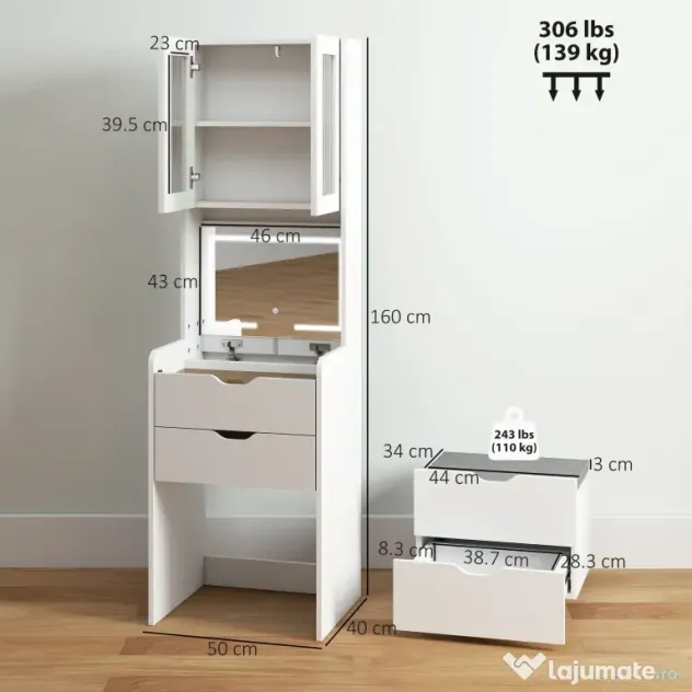 HOMCOM Stație de Machiaj cu Lumini LED în 3 Culori, Oglindă Rabatabilă, Scaun Ascuns, Măsuță de Machiaj cu Scaun Îmbunătățit, 3 Sertare, Compartiment, Dulap cu Uși din Sticlă, Modern, Alb | Aosom Romania