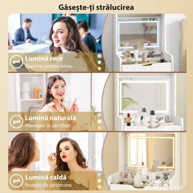 HOMCOM Stație de Machiaj cu Lumini LED în 3 Culori, Oglindă Rabatabilă, Scaun Ascuns, Măsuță de Machiaj cu Scaun Îmbunătățit, 3 Sertare, Compartiment, Dulap cu Uși din Sticlă, Modern, Alb | Aosom Romania