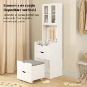 HOMCOM Stație de Machiaj cu Lumini LED în 3 Culori, Oglindă Rabatabilă, Scaun Ascuns, Măsuță de Machiaj cu Scaun Îmbunătățit, 3 Sertare, Compartiment, Dulap cu Uși din Sticlă, Modern, Alb | Aosom Romania 