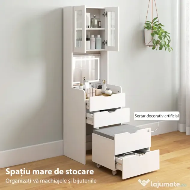 HOMCOM Stație de Machiaj cu Lumini LED în 3 Culori, Oglindă Rabatabilă, Scaun Ascuns, Măsuță de Machiaj cu Scaun Îmbunătățit, 3 Sertare, Compartiment, Dulap cu Uși din Sticlă, Modern, Alb | Aosom Romania